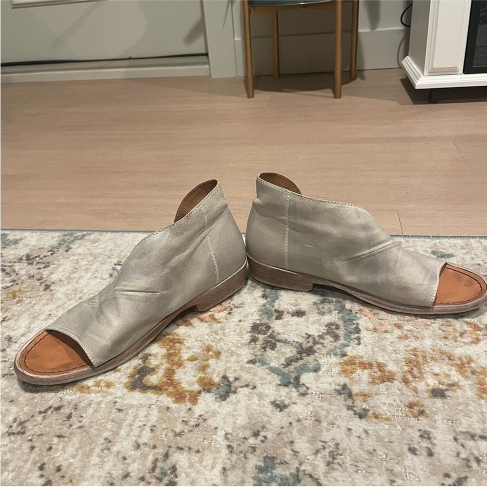 Free People Grey Leather Peep-Toe Ankle Sandals